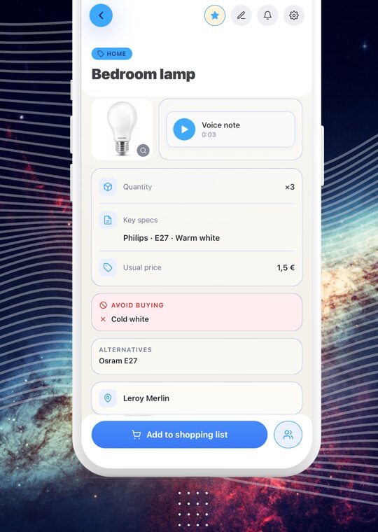 A Specsy item card with bulb type, photo and a voice note
